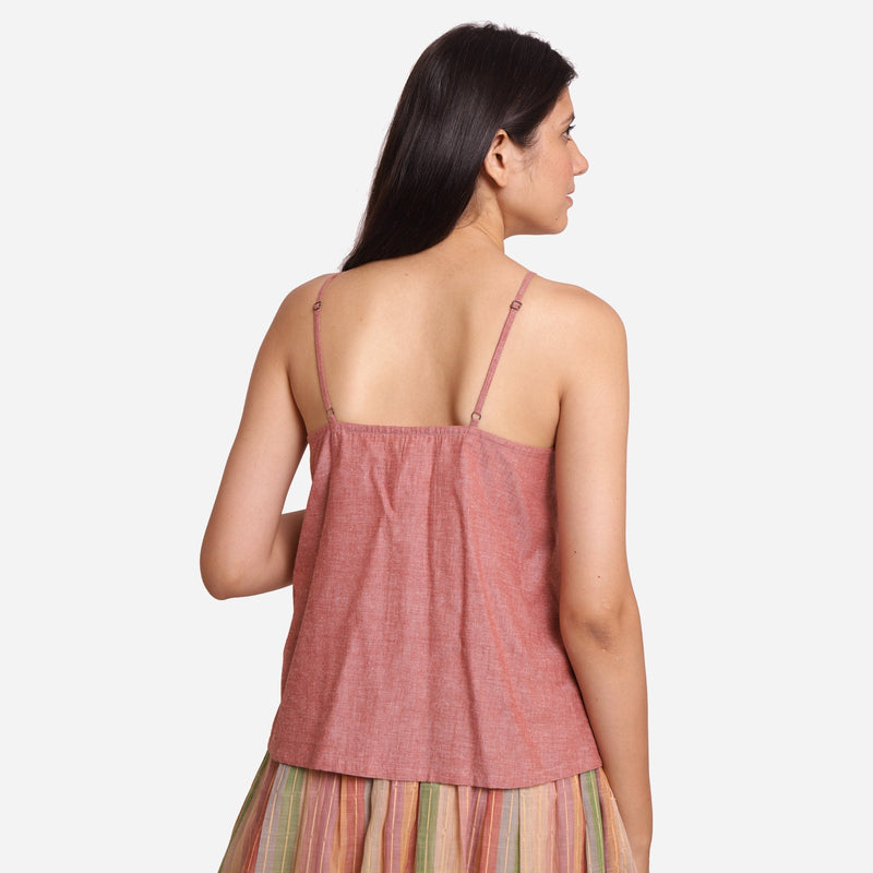 Back View of a Model wearing Peach Cotton Spaghetti Flared Top