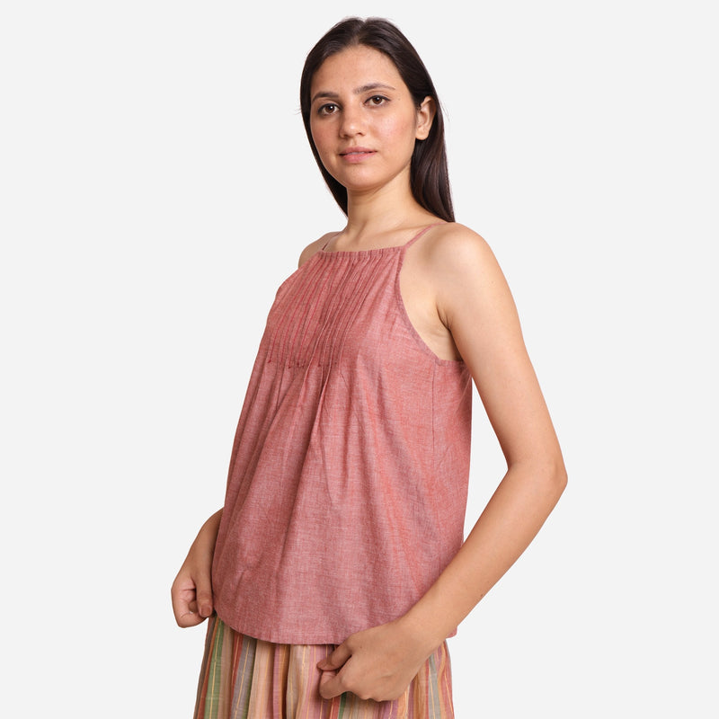 Left View of a Model wearing Peach Cotton Spaghetti Flared Top