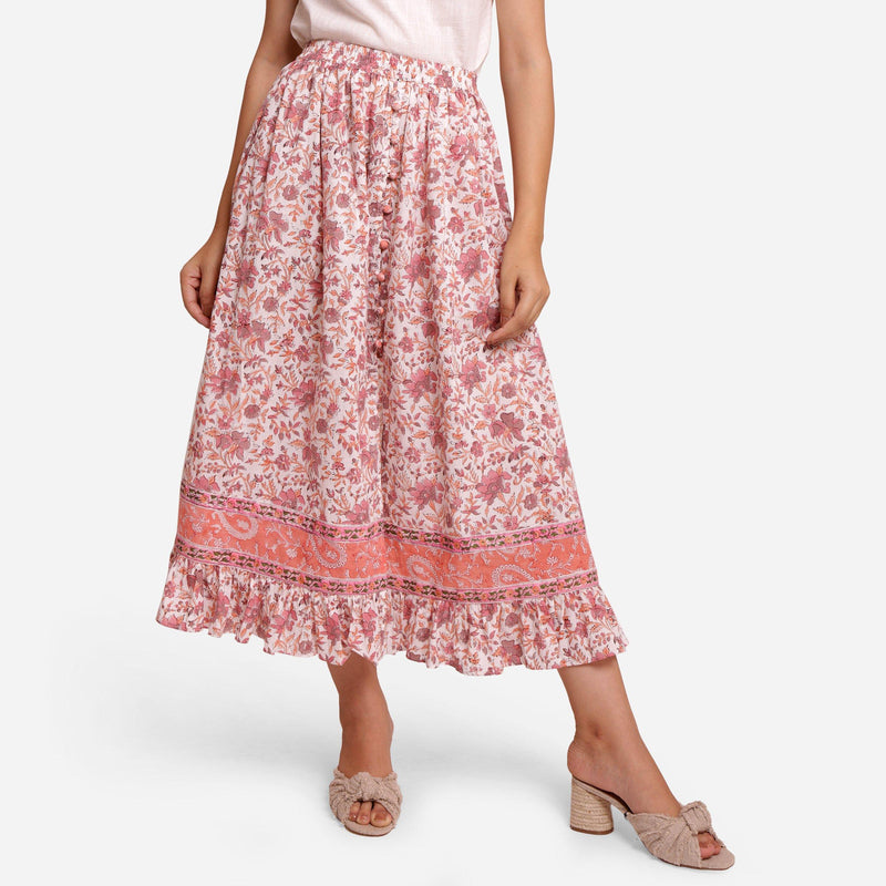 Front View of a Model wearing Peach Frilled Block Printed Slit Skirt