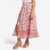 Left View of a Model wearing Peach Frilled Block Printed Slit Skirt