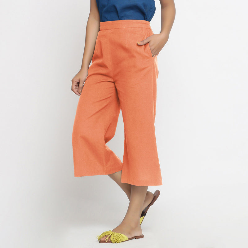 Left View of a Model wearing Peach Mid-Rise Cotton Flax Culottes
