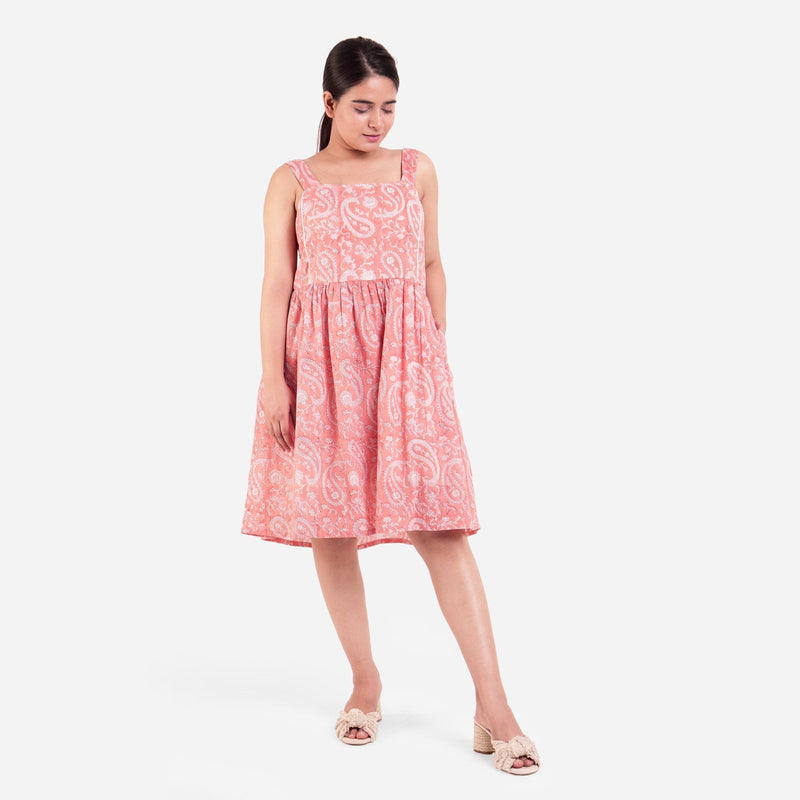 Front View of a Model wearing Peach Paisley Block Print Cotton Knee Length Dress
