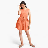 Front View of a Model wearing Peach Patch Pocket Round Neck Dress