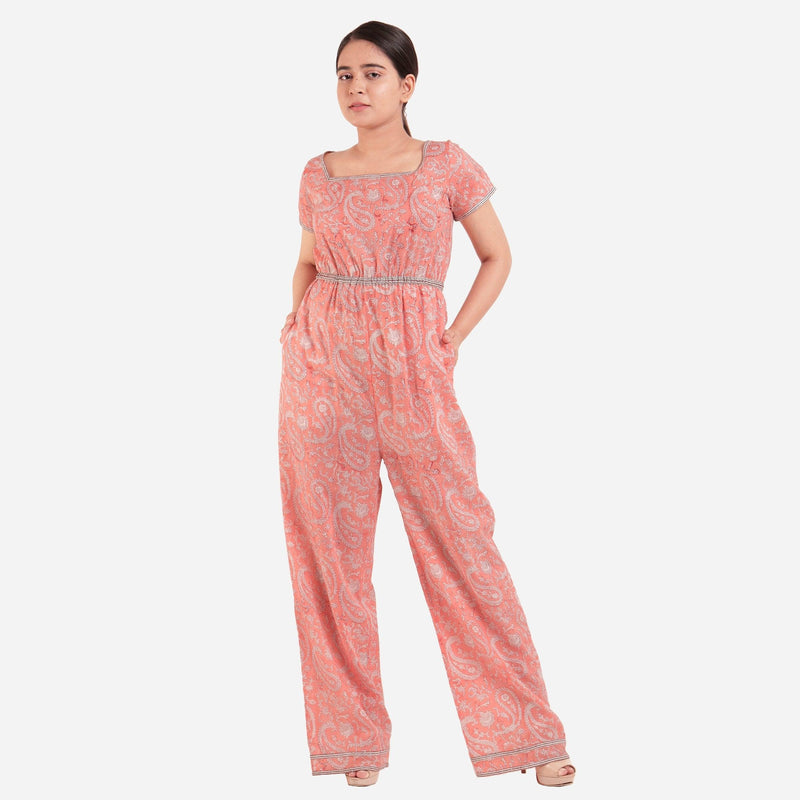 Front View of a Model wearing Peach Block Print Floor Length Cotton Jumpsuit