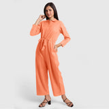 Front View of a Model wearing Peach Wide Legged Cotton Overall