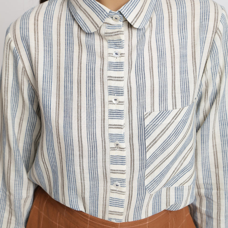 Front Detail of a Model wearing Peter Pan Collar Handspun Button-Down Shirt