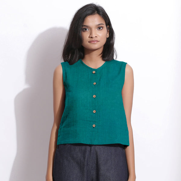 Front View of a Model wearing Pine Green 100% Linen Button-Down Short Top