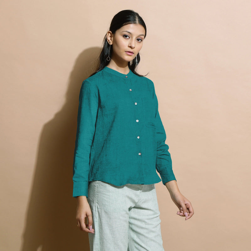 Pine Green 100% Linen Mandarin Collar Button-Down Shirt