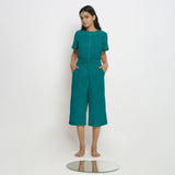 Front View of a Model wearing Pine Green 100% Linen Mid-Rise Culottes
