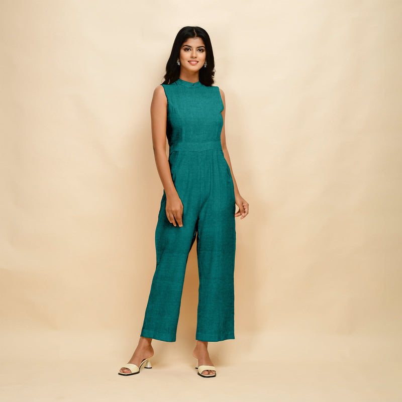 Front View of a Model wearing Pine Green 100% Linen Sleeveless Jumpsuit