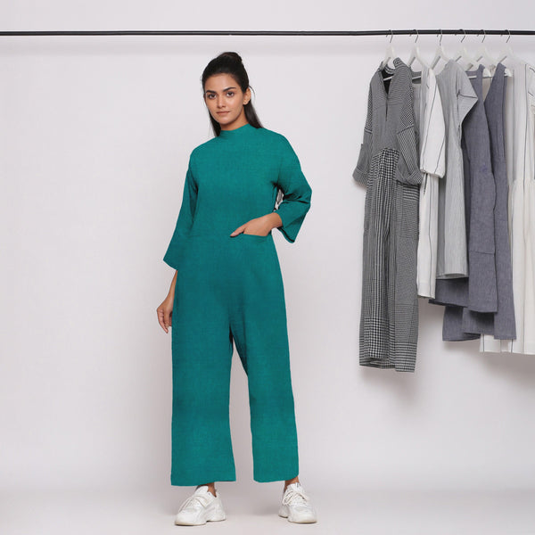 Front View of a Model wearing Pine Green 100% Linen Straight Jumpsuit