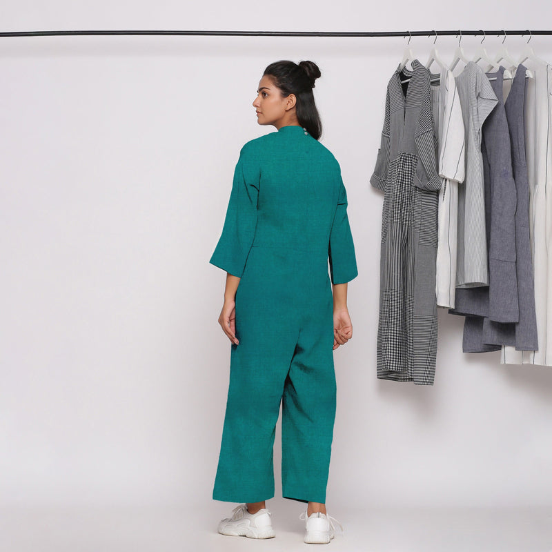 Back View of a Model wearing Pine Green 100% Linen Straight Jumpsuit