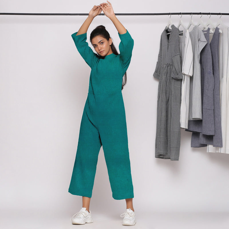 Front View of a Model wearing Pine Green 100% Linen Straight Jumpsuit