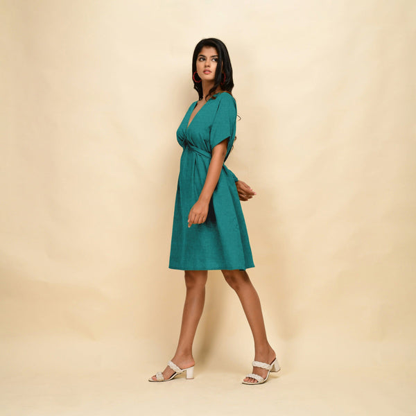 Pine Green 100% Linen V-Neck Knee Length Blouson Dress