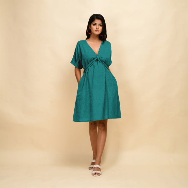 Pine Green Cotton Linen V-Neck Knee Length Blouson Dress