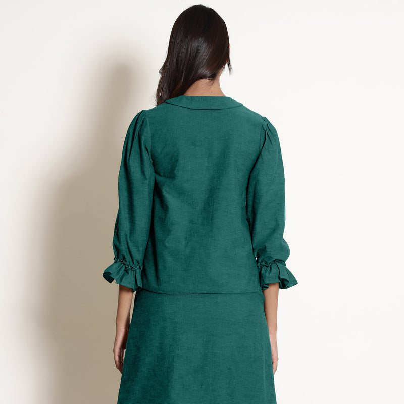Back View of a Model wearing Pine Green Frilled Sleeve Button Down Top