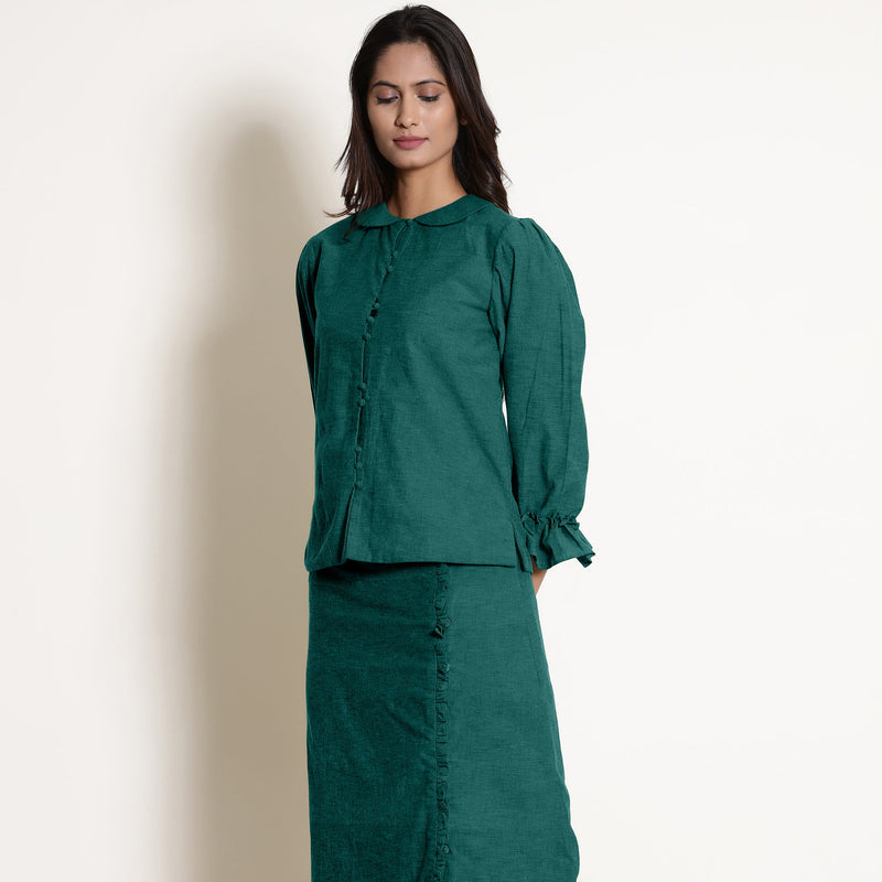 Left View of a Model wearing Pine Green Frilled Sleeve Button Down Top