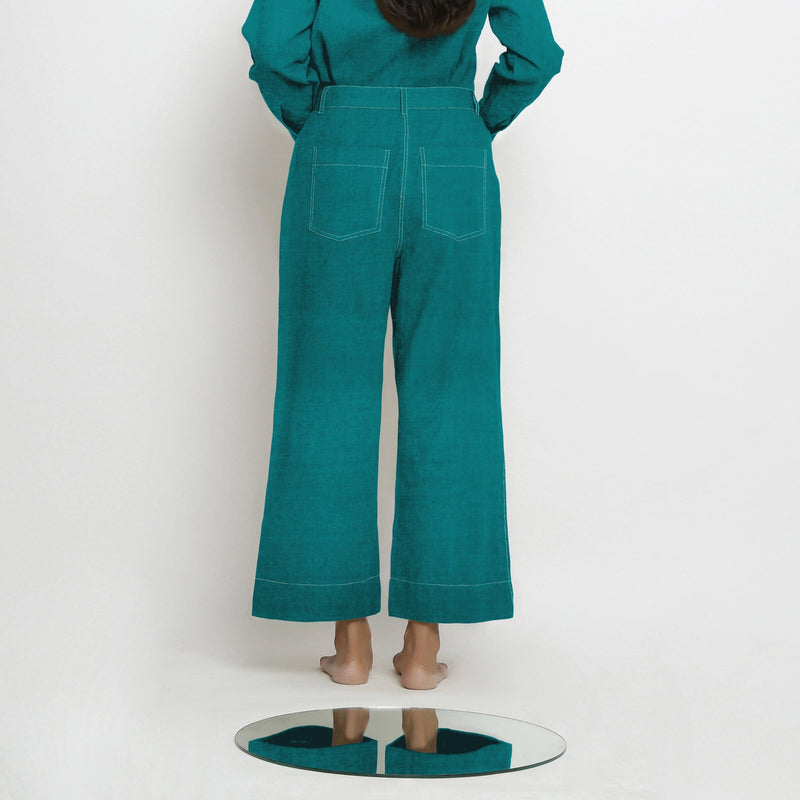 Back View of a Model wearing Pine Green Linen Patch Pocket Wide Legged Pant
