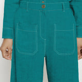 Front Detail of a Model wearing Pine Green Linen Patch Pocket Wide Legged Pant