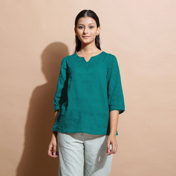 Front View of a Model wearing Pine Green Linen Split-Neck Straight Top