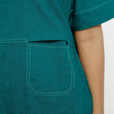 Front Detail of a Model wearing Pine Green 100% Linen Knee Length Yoked Dress