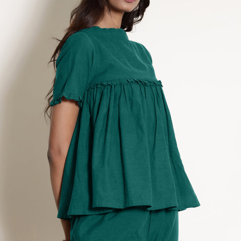 Right Detail of a Model wearing Pine Green Wine Gathered Frilled Top