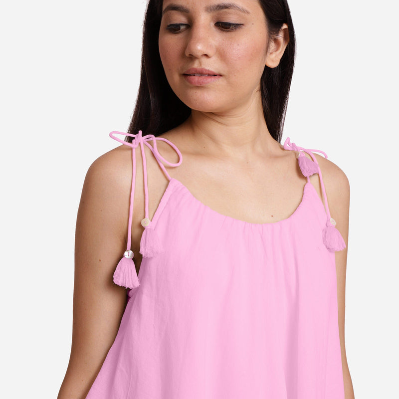 Pink 100% Cotton Tie-Up Shoulder Tier Mini Dress