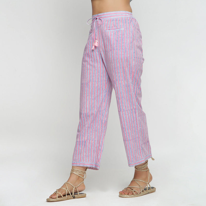 Left View of a Model wearing Pink and Blue Block Printed Cotton Pant