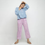 Front View of a Model wearing Pink and Blue Block Printed Cotton Pant