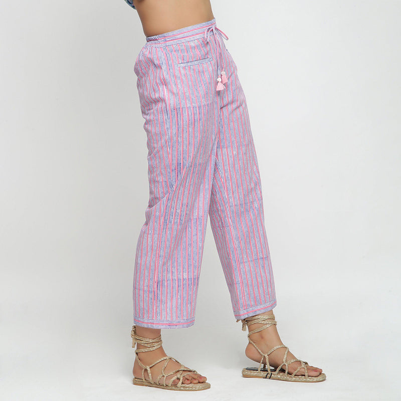 Right View of a Model wearing Pink and Blue Block Printed Cotton Pant