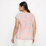 Back View of a Model wearing Pink And White Hand Screen Print Gathered Top