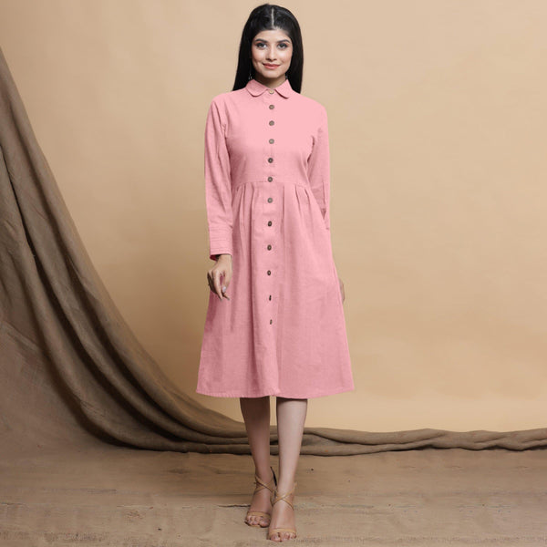 Front View of a Model wearing Pink Button Down Cotton Flax Knee Length Formal Dress