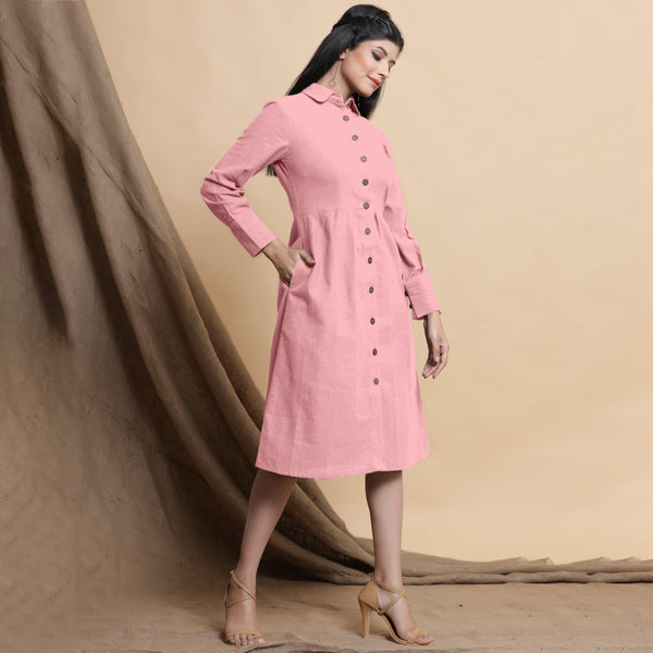 Right View of a Model wearing Pink Button Down Cotton Flax Knee Length Formal Dress