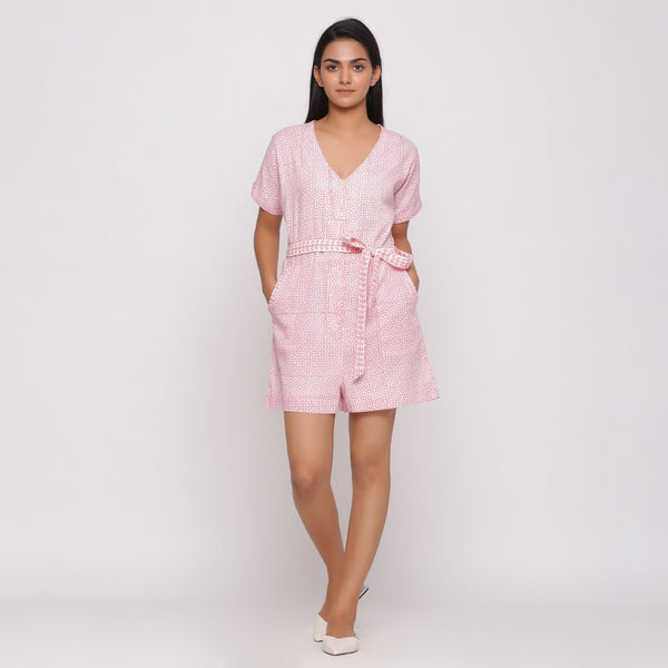 Front View of a Model wearing Pink Ditsy Block Print Cotton Short Romper