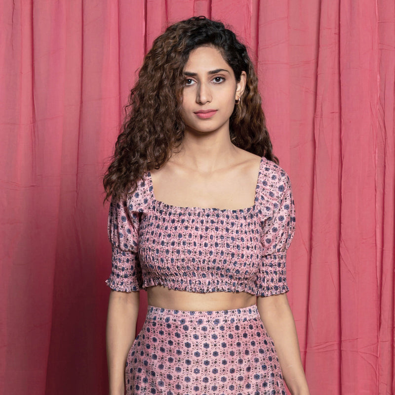 Front View of a Model wearing Pink Cotton Chanderi Block Print Shirred Crop Top