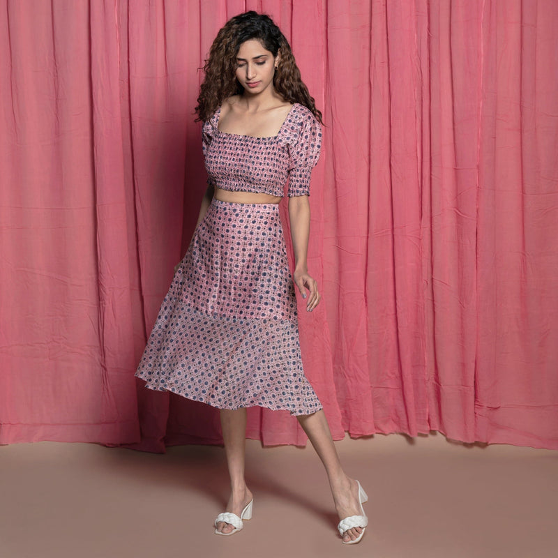 Front View of a Model wearing Pink Cotton Chanderi Block Print Shirred Crop Top
