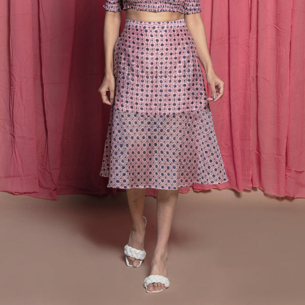 Front View of a Model wearing Pink Chanderi Hand Block Print Peplum Skirt