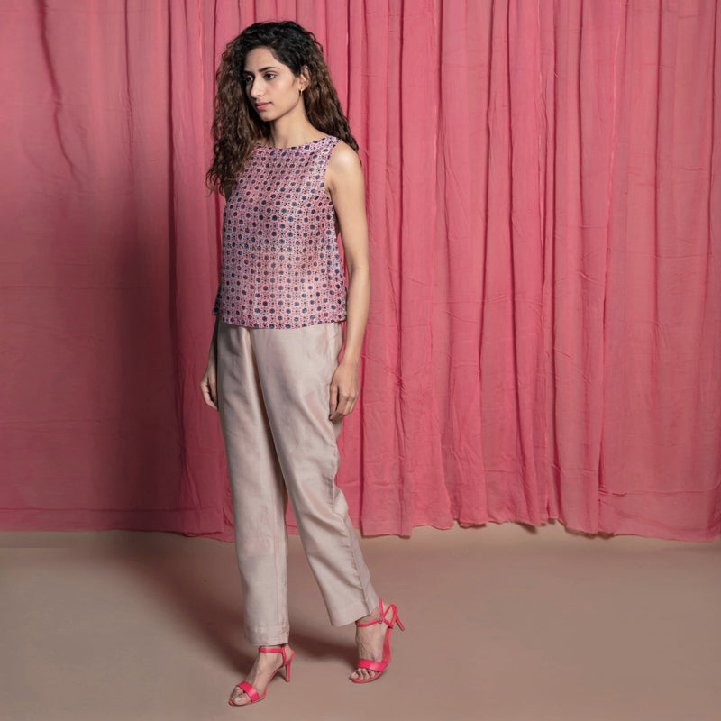 Left View of a Model wearing Pink Chanderi Hand Block Print Straight Top