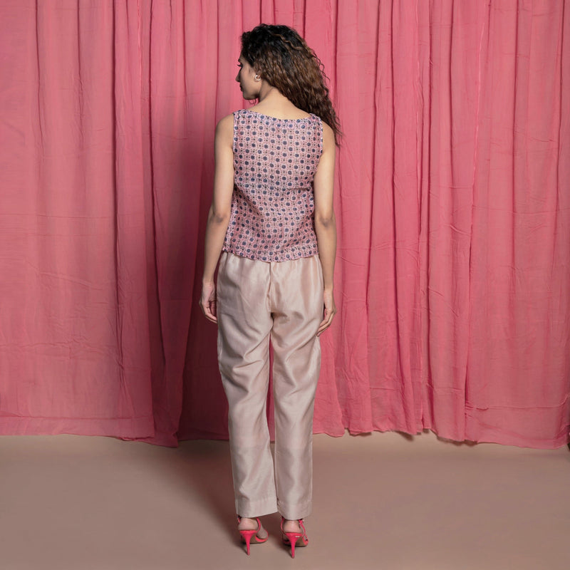 Back View of a Model wearing Pink Chanderi Hand Block Print Straight Top