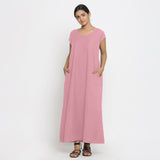 Front View of a Model wearing Pink Cotton Flax A-Line Paneled Dress