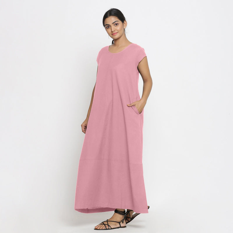 Left View of a Model wearing Pink Cotton Flax A-Line Paneled Dress