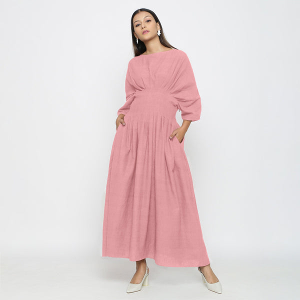 Pink Cotton Flax Ankle Length Pleated Flared Dress