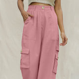 Pink Cotton Flax Elasticated High-Rise Cargo Pant