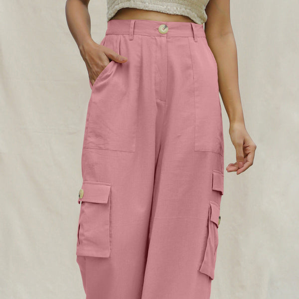 Pink Cotton Flax Elasticated High-Rise Cargo Pant