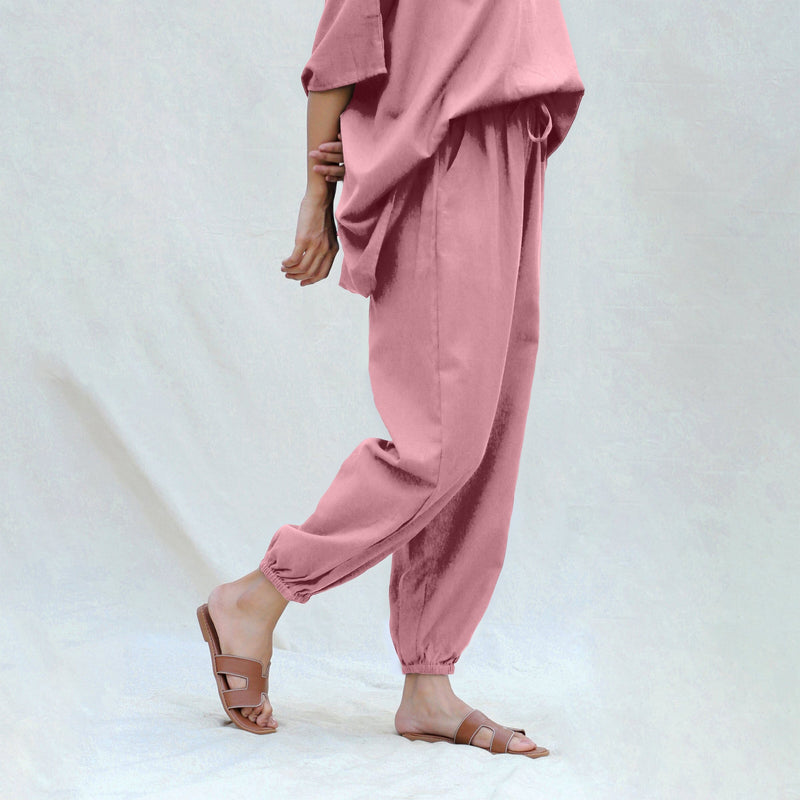 Pink Cotton Flax High-Rise Elasticated Jogger Pant