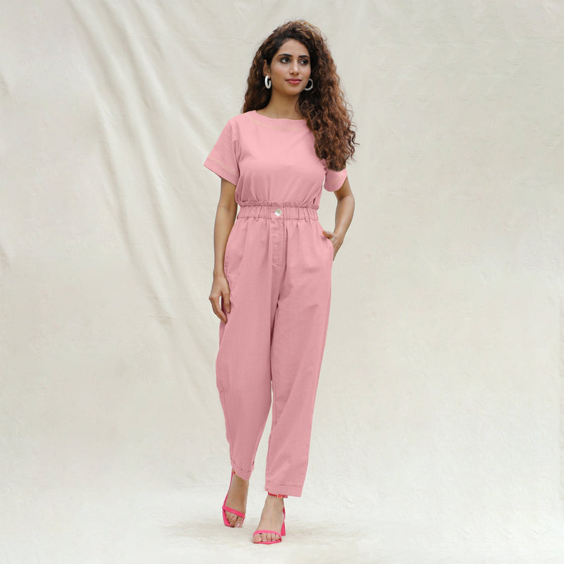Pink Cotton Flax High-Rise Elasticated Paperbag Pant