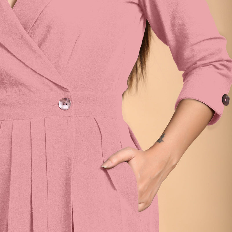 Pink Cotton Flax Notched Collar Midi Pleated Wrap Dress