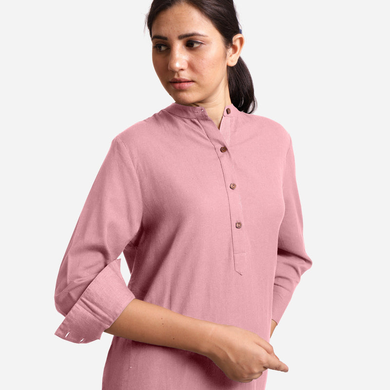 Front Detail of a Model wearing Pink Cotton Flax Shirt Dress