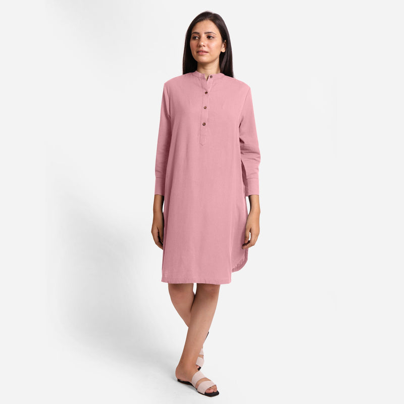 Front View of a Model wearing Pink Cotton Flax Shirt Dress