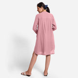 Back View of a Model wearing Pink Cotton Flax Shirt Dress
